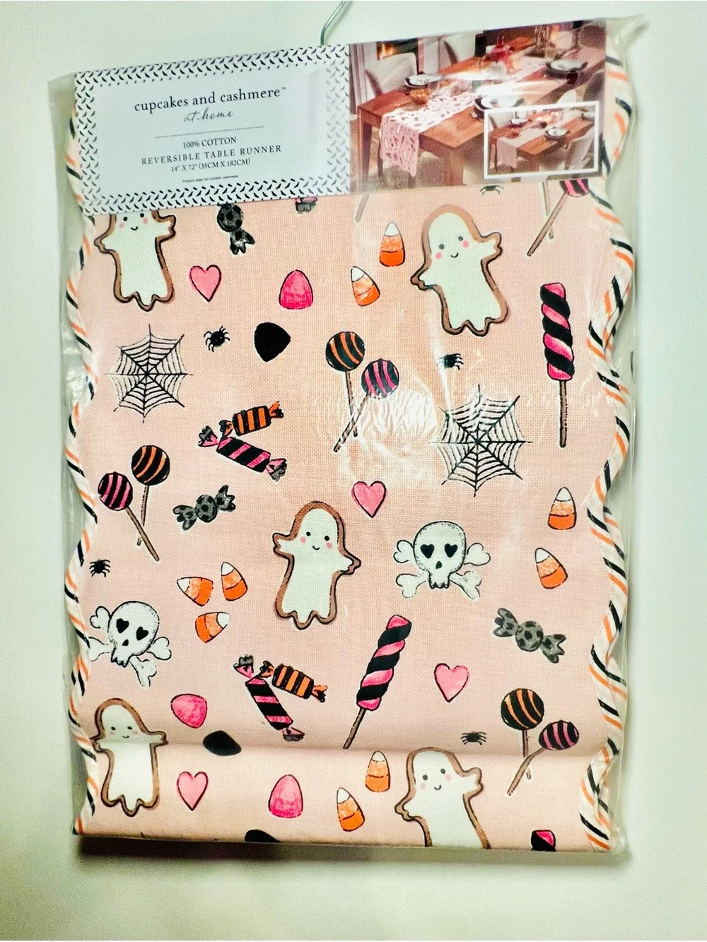 Pink Halloween Creepy Confections Reversible Table Runner Cookies Candy